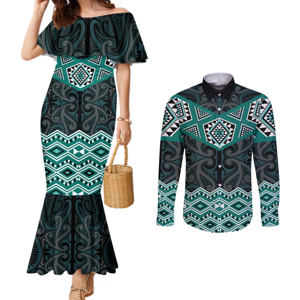 New Zealand Aotearoa Couples Matching Mermaid Dress and Long Sleeve Button Shirt Turquoise Taniko Art Maori Pattern LT05 Turquoise - Polynesian Pride