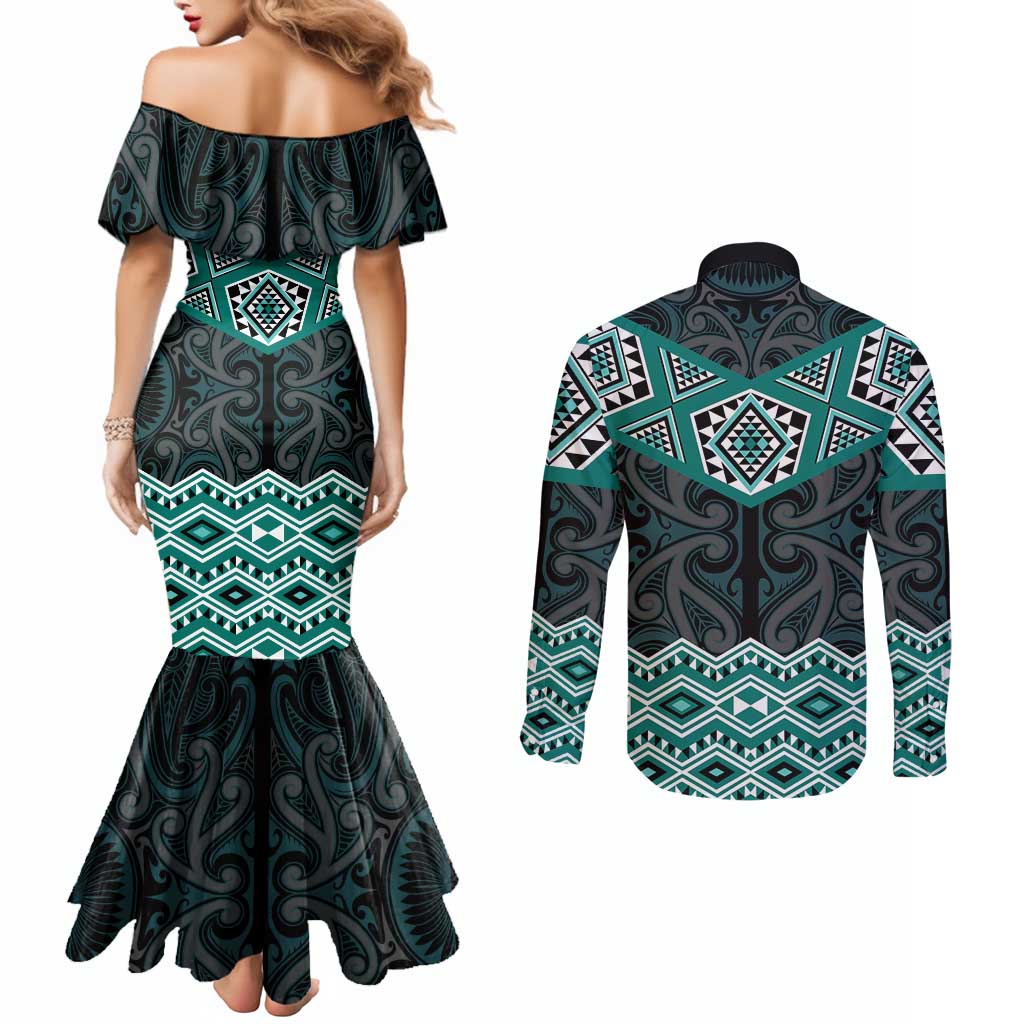 New Zealand Aotearoa Couples Matching Mermaid Dress and Long Sleeve Button Shirt Turquoise Taniko Art Maori Pattern LT05 - Polynesian Pride
