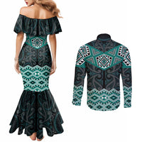 New Zealand Aotearoa Couples Matching Mermaid Dress and Long Sleeve Button Shirt Turquoise Taniko Art Maori Pattern LT05 - Polynesian Pride