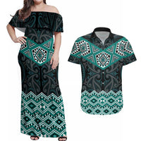 New Zealand Aotearoa Couples Matching Off Shoulder Maxi Dress and Hawaiian Shirt Turquoise Taniko Art Maori Pattern LT05 Turquoise - Polynesian Pride