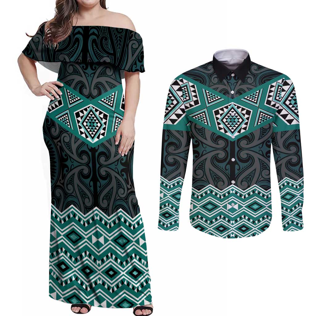 New Zealand Aotearoa Couples Matching Off Shoulder Maxi Dress and Long Sleeve Button Shirt Turquoise Taniko Art Maori Pattern LT05 Turquoise - Polynesian Pride