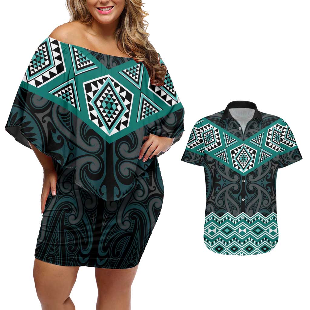 New Zealand Aotearoa Couples Matching Off Shoulder Short Dress and Hawaiian Shirt Turquoise Taniko Art Maori Pattern LT05 Turquoise - Polynesian Pride