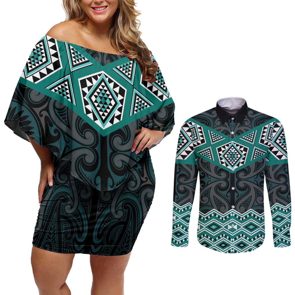 New Zealand Aotearoa Couples Matching Off Shoulder Short Dress and Long Sleeve Button Shirt Turquoise Taniko Art Maori Pattern LT05 Turquoise - Polynesian Pride