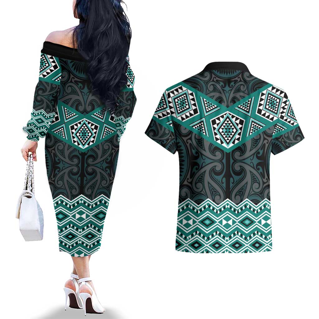 New Zealand Aotearoa Couples Matching Off The Shoulder Long Sleeve Dress and Hawaiian Shirt Turquoise Taniko Art Maori Pattern LT05 - Polynesian Pride