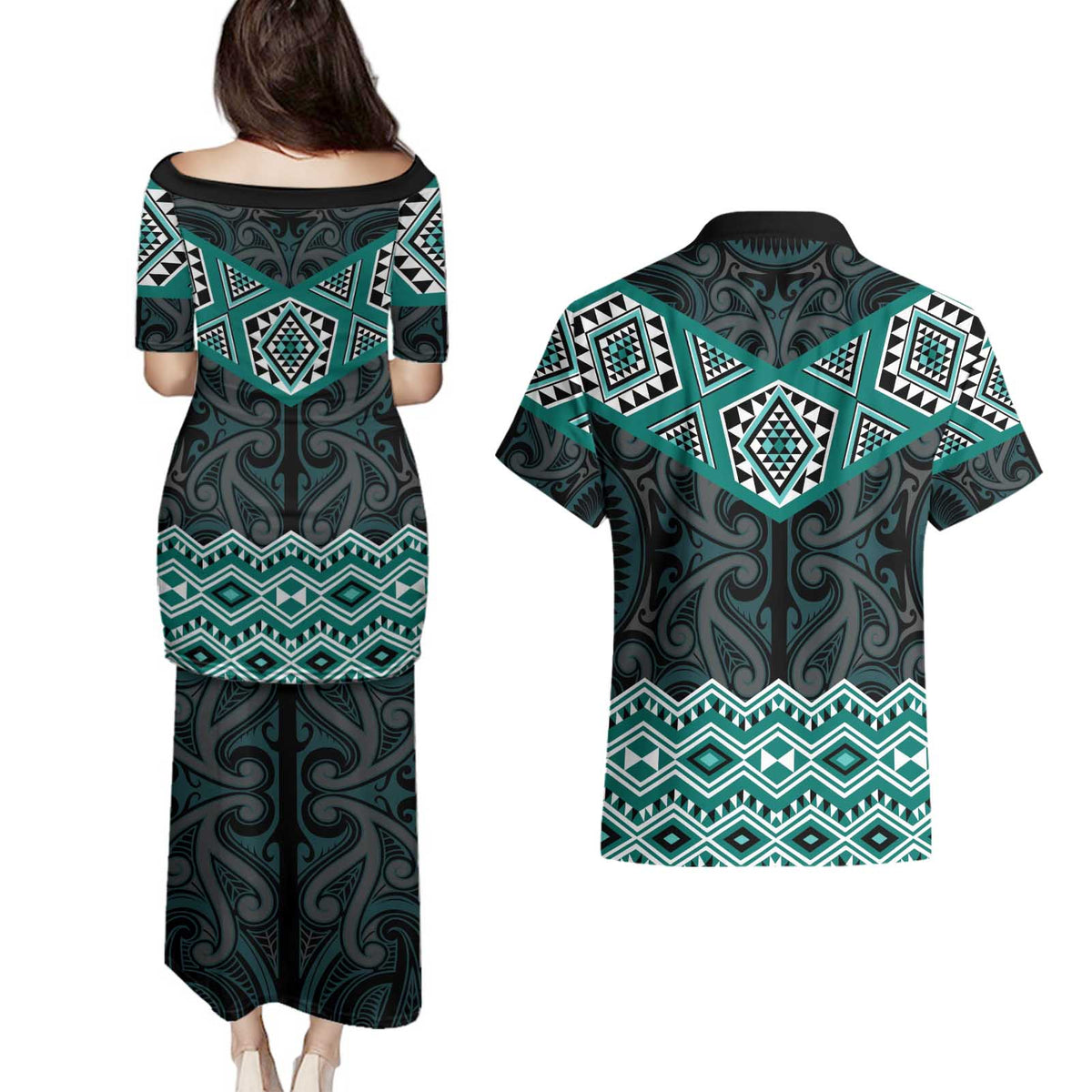 New Zealand Aotearoa Couples Matching Puletasi and Hawaiian Shirt Turquoise Taniko Art Maori Pattern LT05 - Polynesian Pride