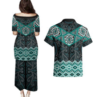 New Zealand Aotearoa Couples Matching Puletasi and Hawaiian Shirt Turquoise Taniko Art Maori Pattern LT05 - Polynesian Pride