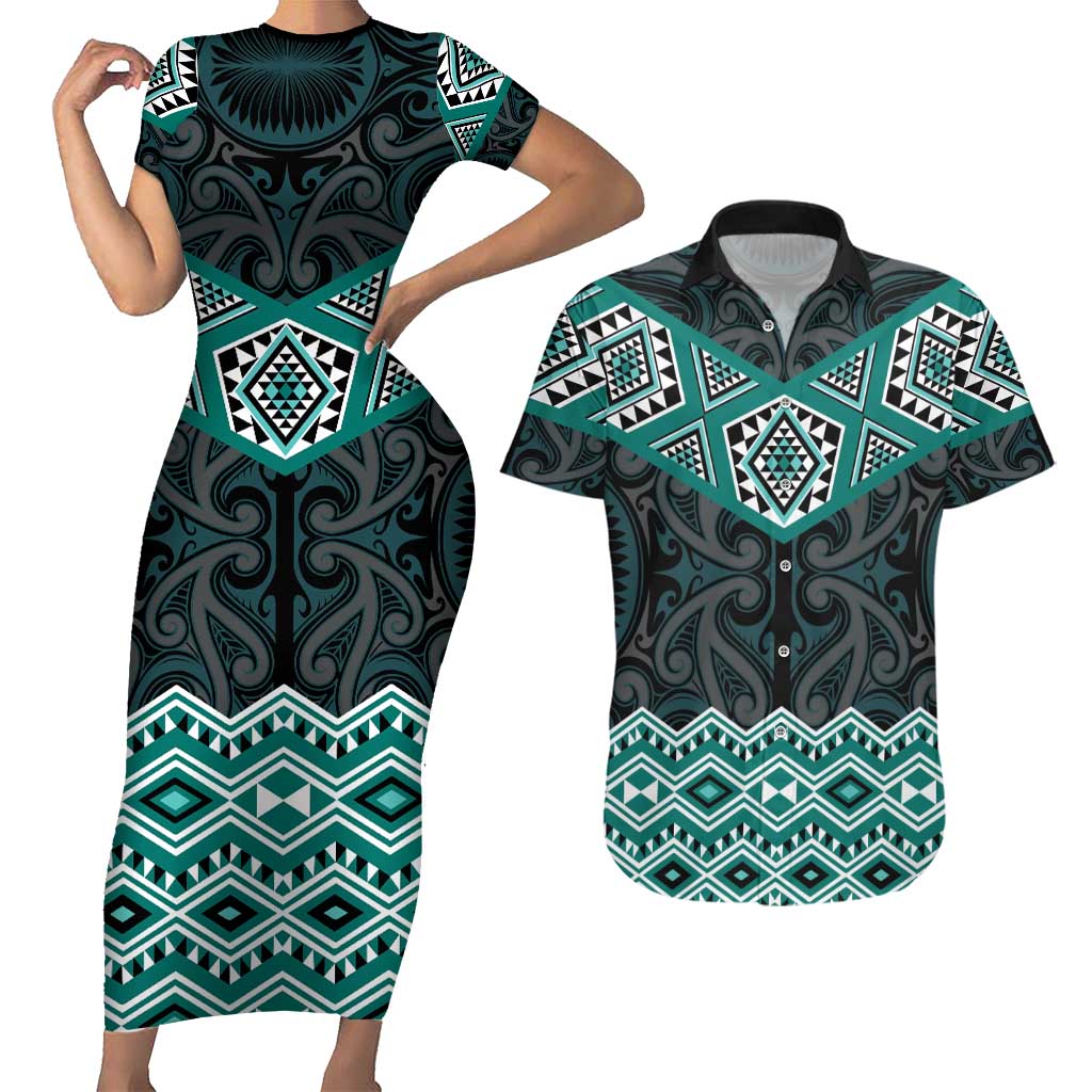 New Zealand Aotearoa Couples Matching Short Sleeve Bodycon Dress and Hawaiian Shirt Turquoise Taniko Art Maori Pattern LT05 Turquoise - Polynesian Pride