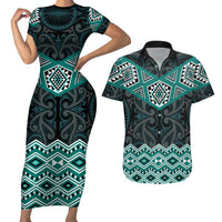 New Zealand Aotearoa Couples Matching Short Sleeve Bodycon Dress and Hawaiian Shirt Turquoise Taniko Art Maori Pattern LT05 Turquoise - Polynesian Pride