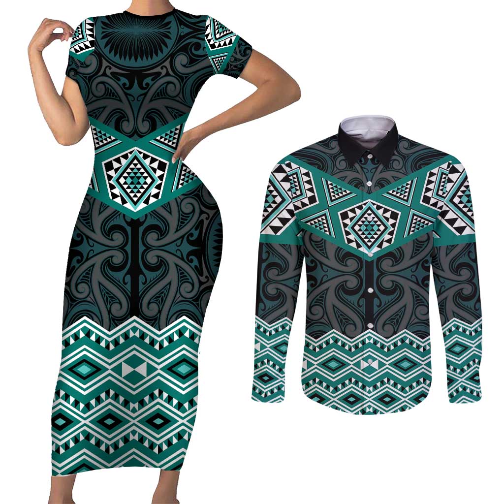 New Zealand Aotearoa Couples Matching Short Sleeve Bodycon Dress and Long Sleeve Button Shirt Turquoise Taniko Art Maori Pattern LT05 Turquoise - Polynesian Pride