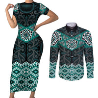 New Zealand Aotearoa Couples Matching Short Sleeve Bodycon Dress and Long Sleeve Button Shirt Turquoise Taniko Art Maori Pattern LT05 Turquoise - Polynesian Pride