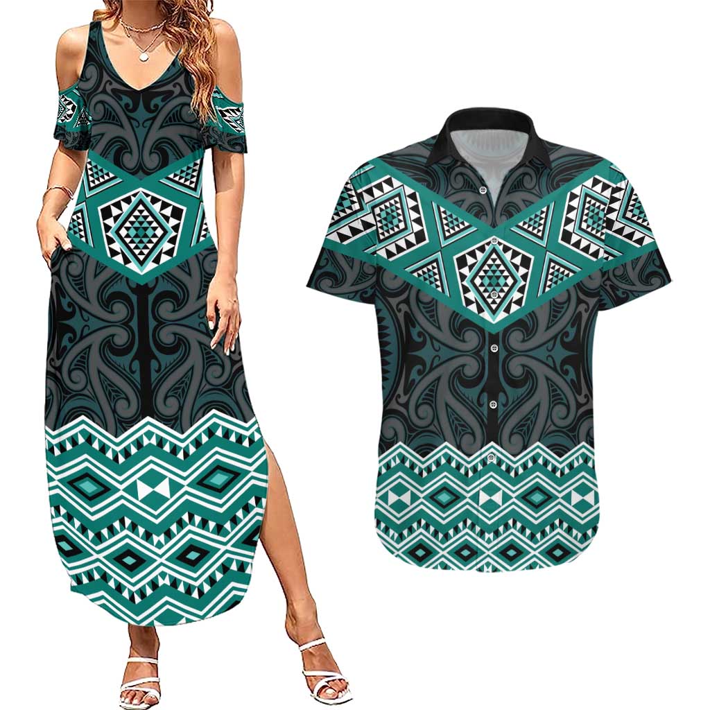 New Zealand Aotearoa Couples Matching Summer Maxi Dress and Hawaiian Shirt Turquoise Taniko Art Maori Pattern LT05 Turquoise - Polynesian Pride