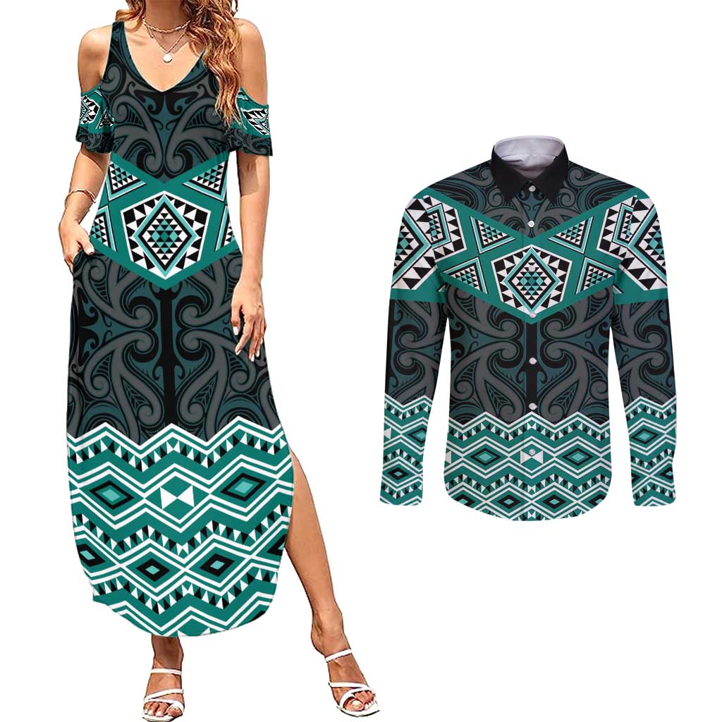 New Zealand Aotearoa Couples Matching Summer Maxi Dress and Long Sleeve Button Shirt Turquoise Taniko Art Maori Pattern LT05 Turquoise - Polynesian Pride