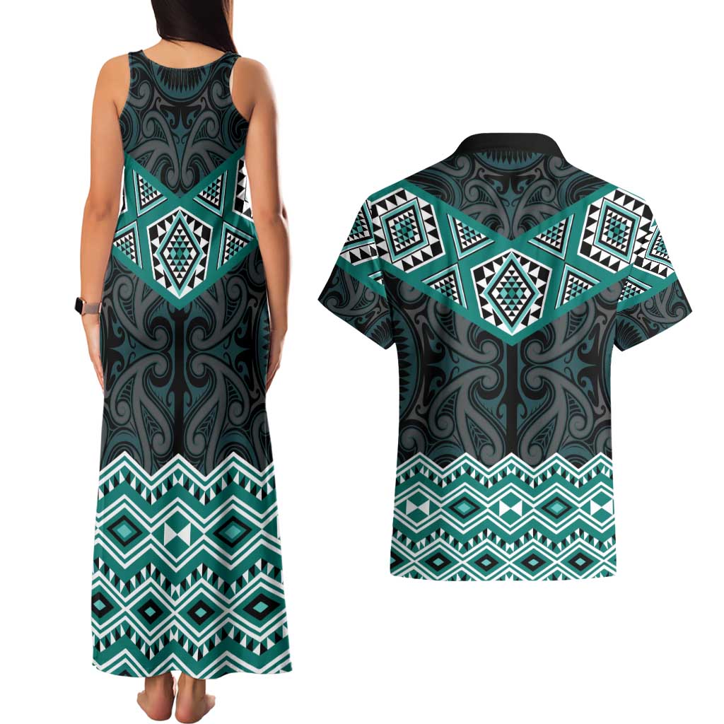 New Zealand Aotearoa Couples Matching Tank Maxi Dress and Hawaiian Shirt Turquoise Taniko Art Maori Pattern LT05 - Polynesian Pride