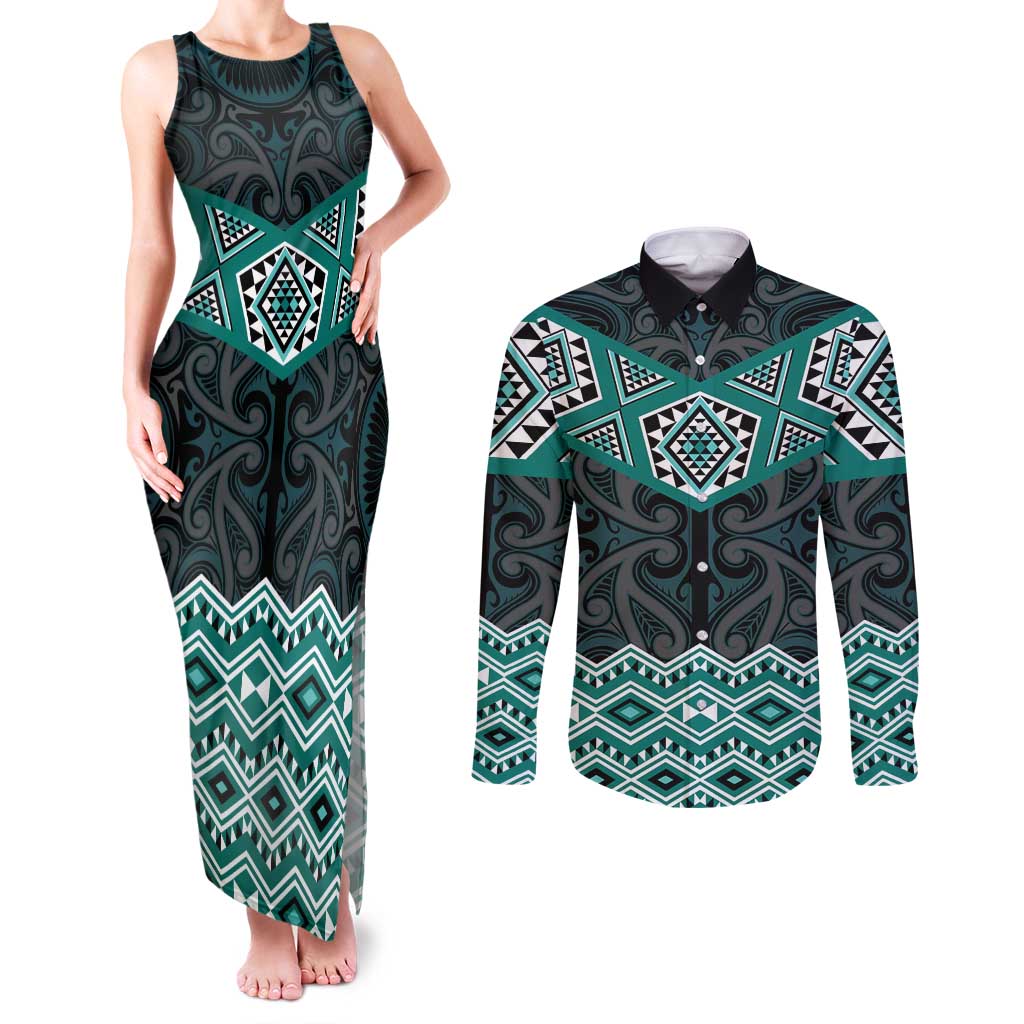 New Zealand Aotearoa Couples Matching Tank Maxi Dress and Long Sleeve Button Shirt Turquoise Taniko Art Maori Pattern LT05 Turquoise - Polynesian Pride