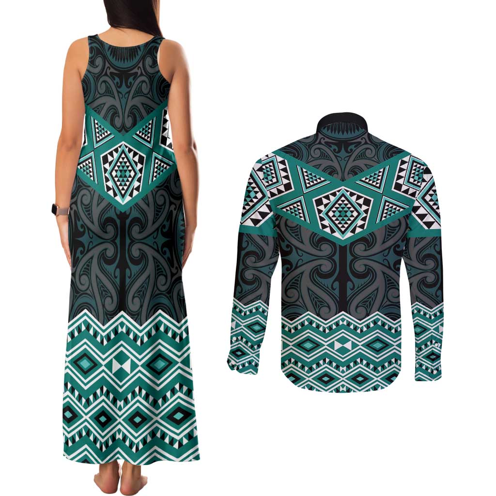 New Zealand Aotearoa Couples Matching Tank Maxi Dress and Long Sleeve Button Shirt Turquoise Taniko Art Maori Pattern LT05 - Polynesian Pride