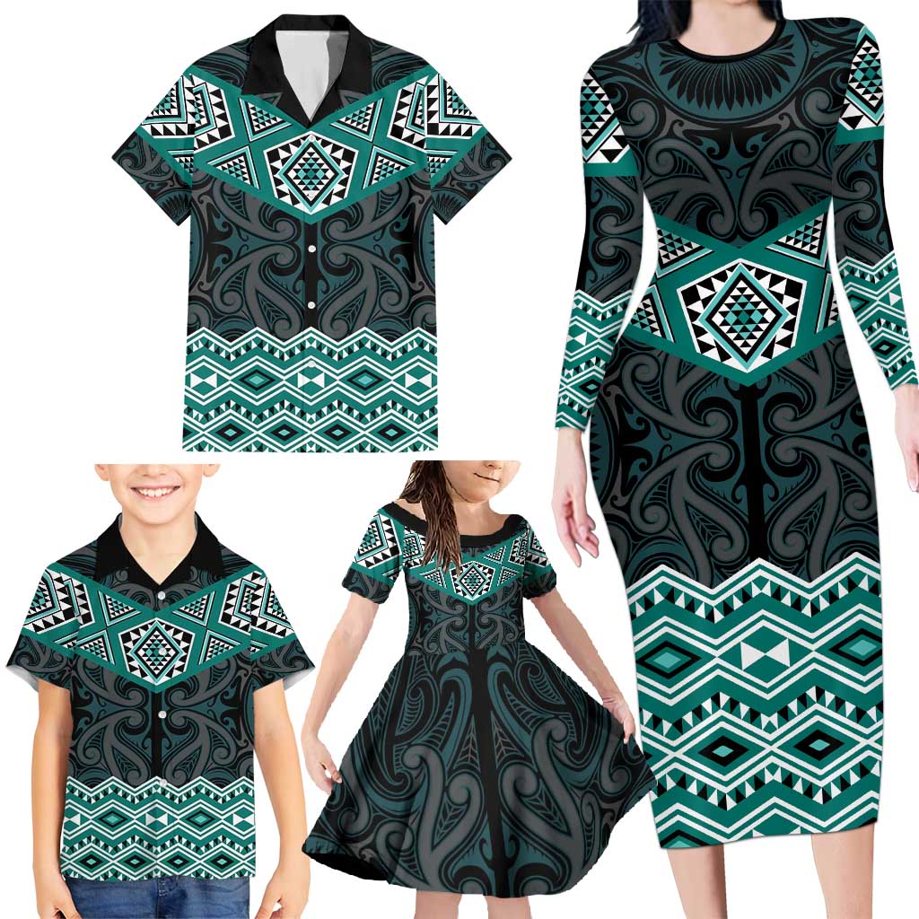 New Zealand Aotearoa Family Matching Long Sleeve Bodycon Dress and Hawaiian Shirt Turquoise Taniko Art Maori Pattern LT05 - Polynesian Pride