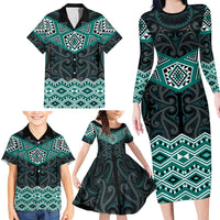 New Zealand Aotearoa Family Matching Long Sleeve Bodycon Dress and Hawaiian Shirt Turquoise Taniko Art Maori Pattern LT05 - Polynesian Pride