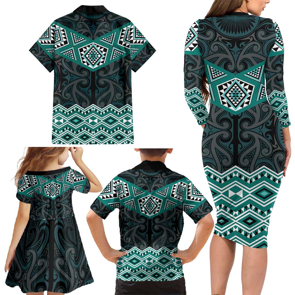 New Zealand Aotearoa Family Matching Long Sleeve Bodycon Dress and Hawaiian Shirt Turquoise Taniko Art Maori Pattern LT05 - Polynesian Pride