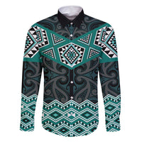 New Zealand Aotearoa Family Matching Long Sleeve Bodycon Dress and Hawaiian Shirt Turquoise Taniko Art Maori Pattern LT05 Dad's Shirt - Long Sleeve Turquoise - Polynesian Pride