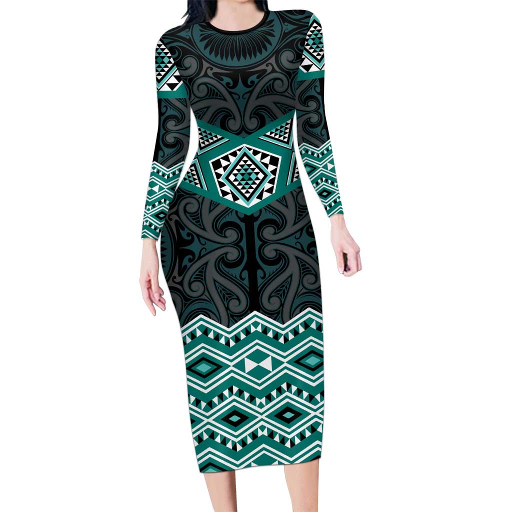 New Zealand Aotearoa Family Matching Long Sleeve Bodycon Dress and Hawaiian Shirt Turquoise Taniko Art Maori Pattern LT05 Mom's Dress Turquoise - Polynesian Pride