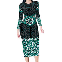 New Zealand Aotearoa Family Matching Long Sleeve Bodycon Dress and Hawaiian Shirt Turquoise Taniko Art Maori Pattern LT05 Mom's Dress Turquoise - Polynesian Pride