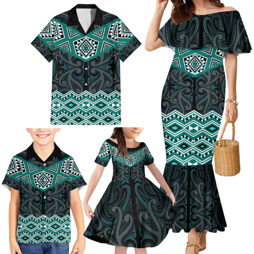 New Zealand Aotearoa Family Matching Mermaid Dress and Hawaiian Shirt Turquoise Taniko Art Maori Pattern LT05 - Polynesian Pride