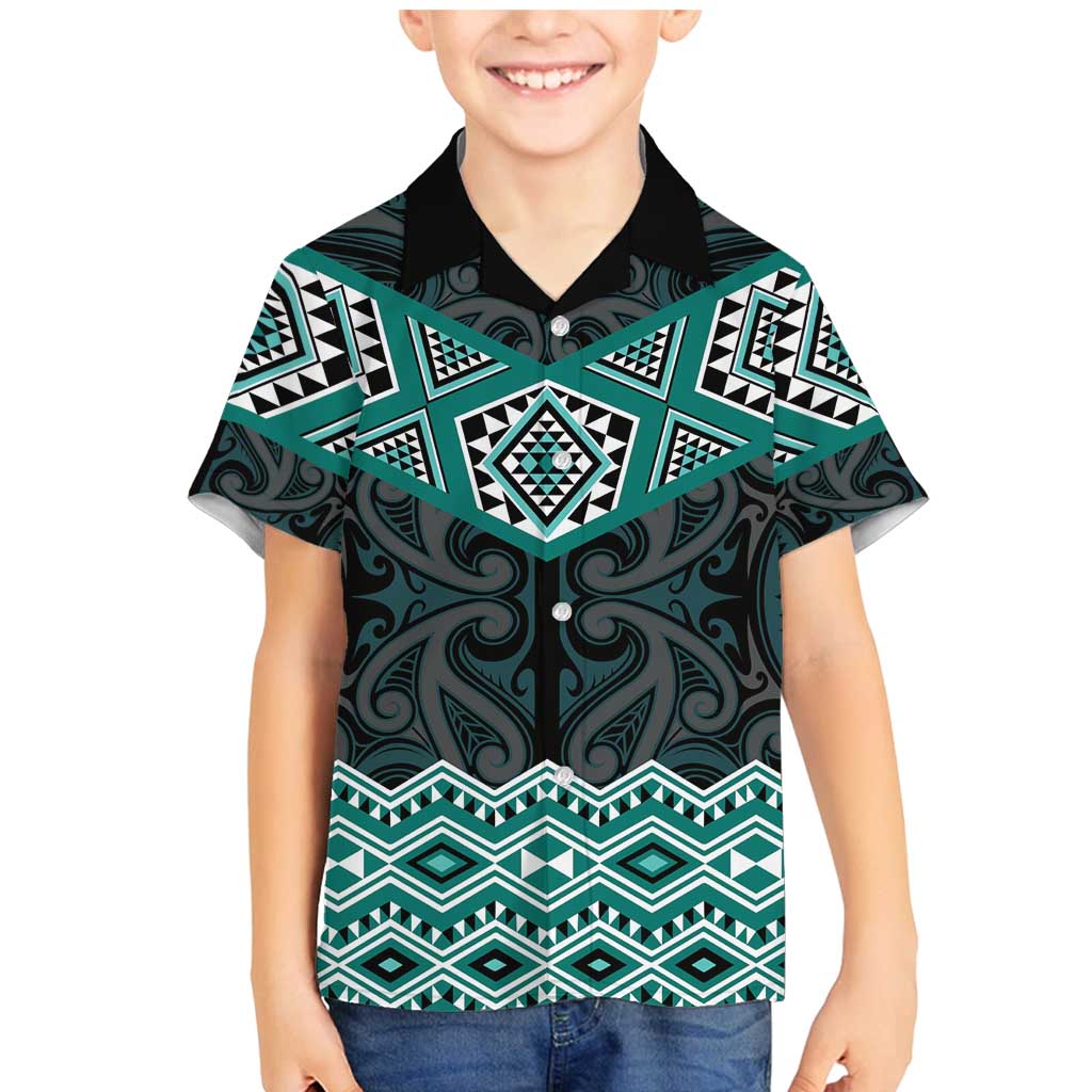 New Zealand Aotearoa Family Matching Mermaid Dress and Hawaiian Shirt Turquoise Taniko Art Maori Pattern LT05 Son's Shirt Turquoise - Polynesian Pride
