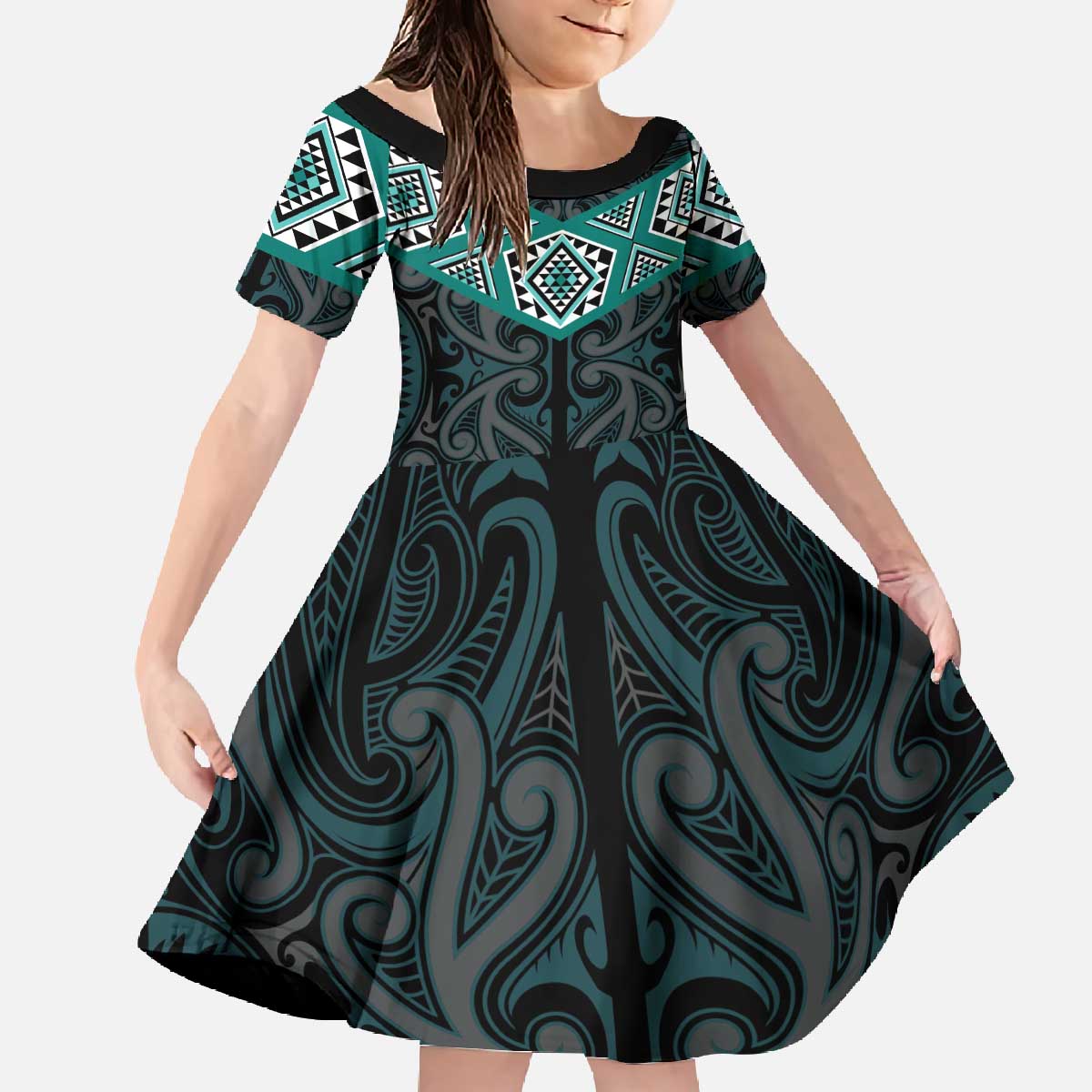 New Zealand Aotearoa Family Matching Off The Shoulder Long Sleeve Dress and Hawaiian Shirt Turquoise Taniko Art Maori Pattern LT05 Daughter's Dress Turquoise - Polynesian Pride