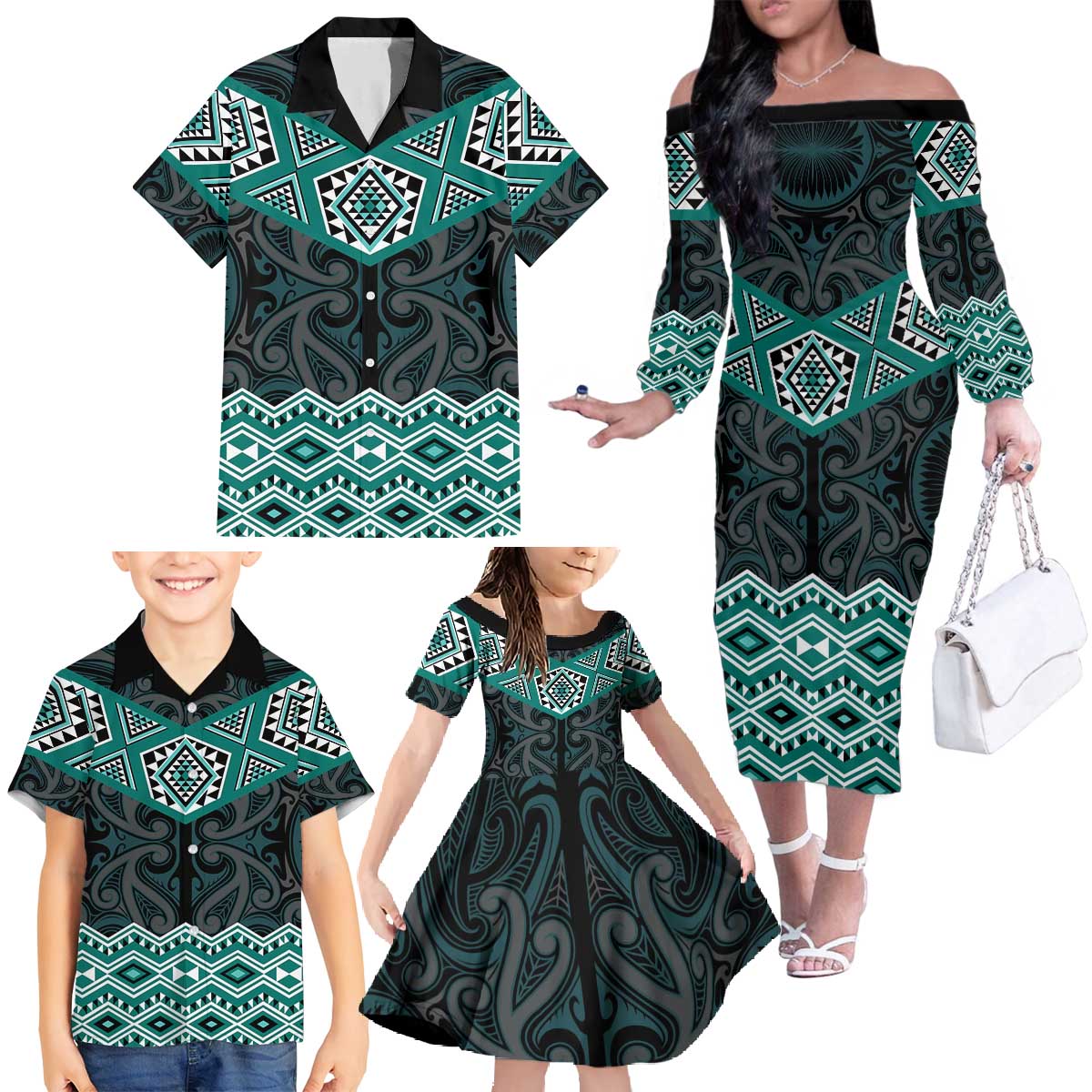 New Zealand Aotearoa Family Matching Off The Shoulder Long Sleeve Dress and Hawaiian Shirt Turquoise Taniko Art Maori Pattern LT05 - Polynesian Pride