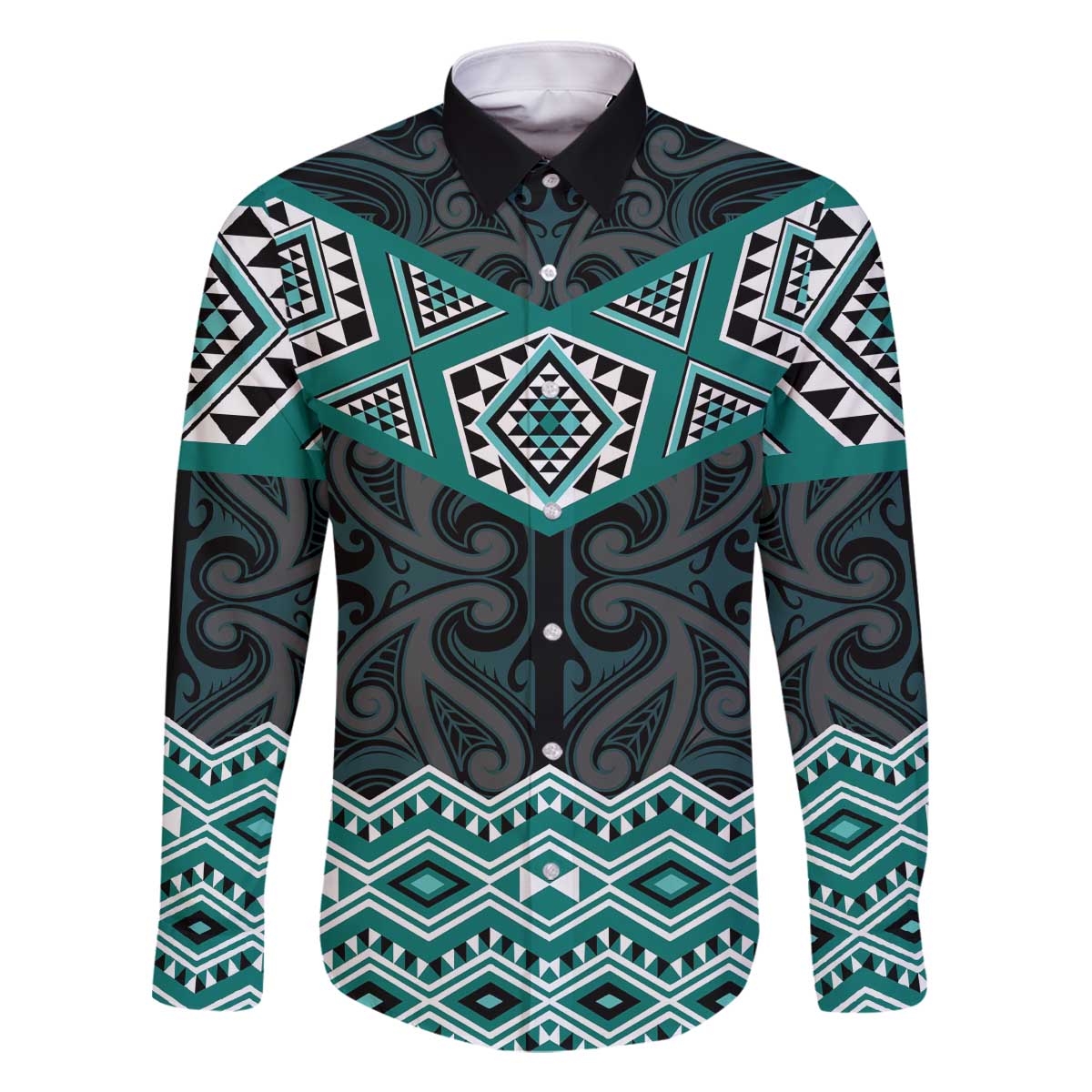 New Zealand Aotearoa Family Matching Off The Shoulder Long Sleeve Dress and Hawaiian Shirt Turquoise Taniko Art Maori Pattern LT05 Dad's Shirt - Long Sleeve Turquoise - Polynesian Pride