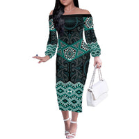New Zealand Aotearoa Family Matching Off The Shoulder Long Sleeve Dress and Hawaiian Shirt Turquoise Taniko Art Maori Pattern LT05 Mom's Dress Turquoise - Polynesian Pride