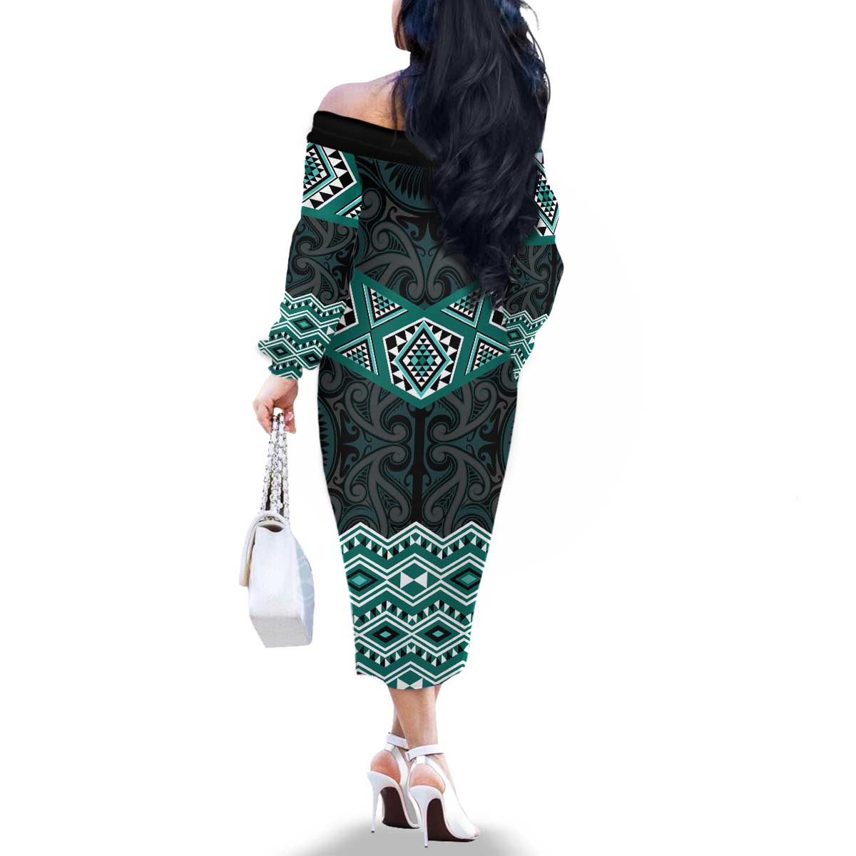 New Zealand Aotearoa Family Matching Off The Shoulder Long Sleeve Dress and Hawaiian Shirt Turquoise Taniko Art Maori Pattern LT05 - Polynesian Pride