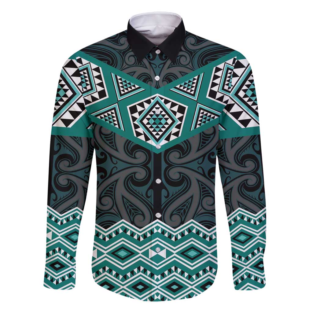 New Zealand Aotearoa Family Matching Off Shoulder Maxi Dress and Hawaiian Shirt Turquoise Taniko Art Maori Pattern LT05 Dad's Shirt - Long Sleeve Turquoise - Polynesian Pride