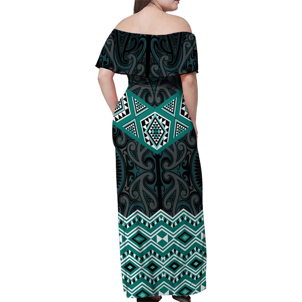 New Zealand Aotearoa Family Matching Off Shoulder Maxi Dress and Hawaiian Shirt Turquoise Taniko Art Maori Pattern LT05 - Polynesian Pride