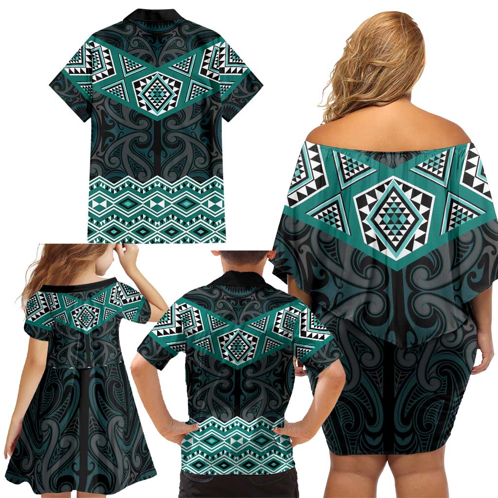 New Zealand Aotearoa Family Matching Off Shoulder Short Dress and Hawaiian Shirt Turquoise Taniko Art Maori Pattern LT05 - Polynesian Pride