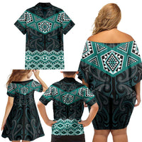 New Zealand Aotearoa Family Matching Off Shoulder Short Dress and Hawaiian Shirt Turquoise Taniko Art Maori Pattern LT05 - Polynesian Pride