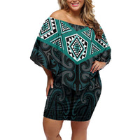 New Zealand Aotearoa Family Matching Off Shoulder Short Dress and Hawaiian Shirt Turquoise Taniko Art Maori Pattern LT05 Mom's Dress Turquoise - Polynesian Pride