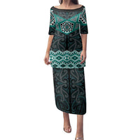 New Zealand Aotearoa Family Matching Puletasi and Hawaiian Shirt Turquoise Taniko Art Maori Pattern LT05 Mom's Dress Turquoise - Polynesian Pride