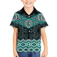 New Zealand Aotearoa Family Matching Puletasi and Hawaiian Shirt Turquoise Taniko Art Maori Pattern LT05 Son's Shirt Turquoise - Polynesian Pride