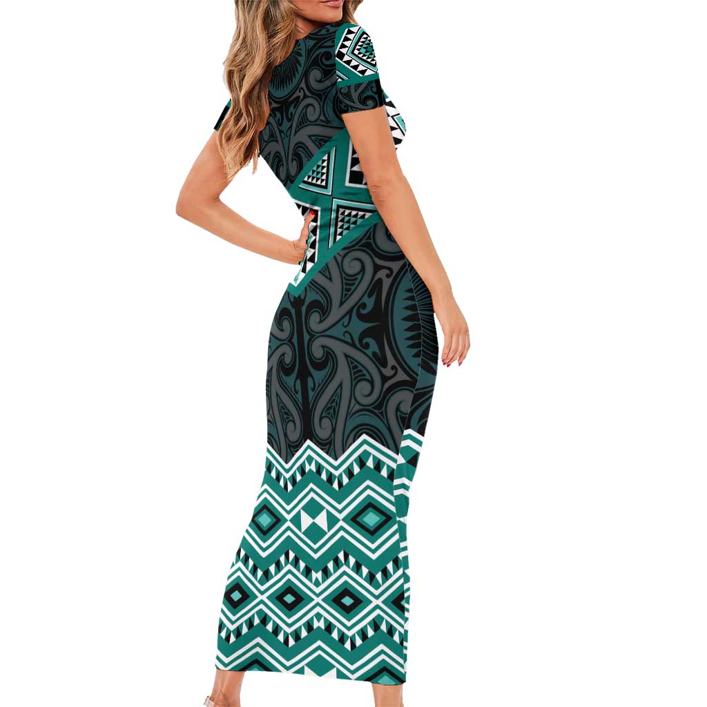 New Zealand Aotearoa Family Matching Short Sleeve Bodycon Dress and Hawaiian Shirt Turquoise Taniko Art Maori Pattern LT05 - Polynesian Pride
