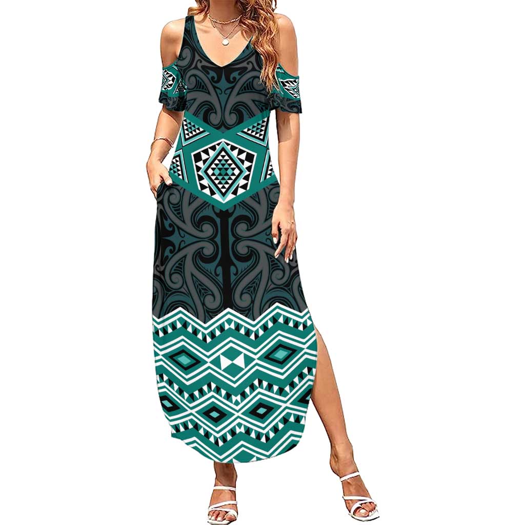 New Zealand Aotearoa Family Matching Summer Maxi Dress and Hawaiian Shirt Turquoise Taniko Art Maori Pattern LT05 Mom's Dress Turquoise - Polynesian Pride
