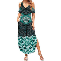 New Zealand Aotearoa Family Matching Summer Maxi Dress and Hawaiian Shirt Turquoise Taniko Art Maori Pattern LT05 Mom's Dress Turquoise - Polynesian Pride