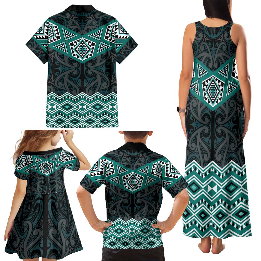 New Zealand Aotearoa Family Matching Tank Maxi Dress and Hawaiian Shirt Turquoise Taniko Art Maori Pattern LT05 - Polynesian Pride