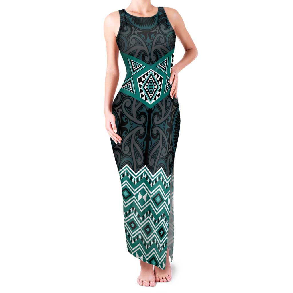 New Zealand Aotearoa Family Matching Tank Maxi Dress and Hawaiian Shirt Turquoise Taniko Art Maori Pattern LT05 Mom's Dress Turquoise - Polynesian Pride