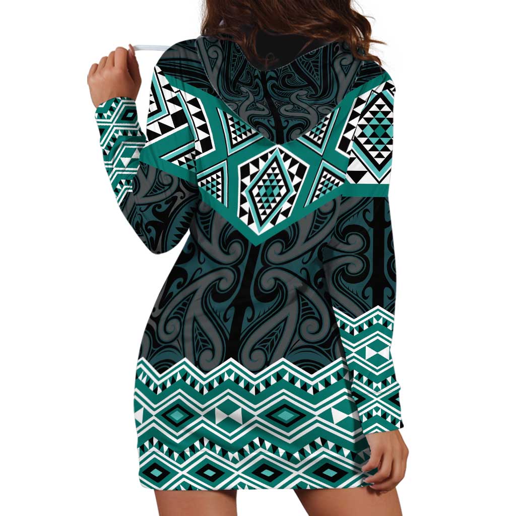 New Zealand Aotearoa Hoodie Dress Turquoise Taniko Art Maori Pattern LT05 - Polynesian Pride