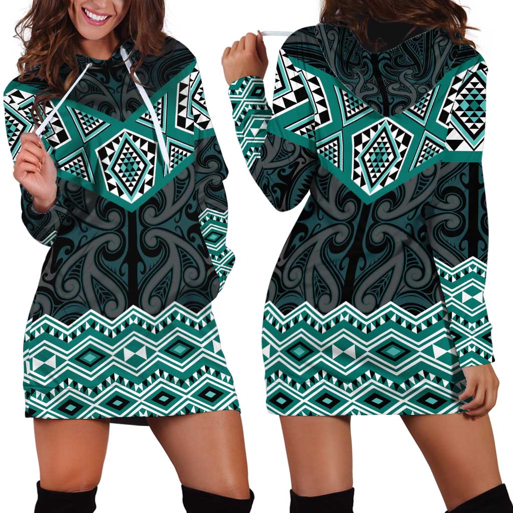 New Zealand Aotearoa Hoodie Dress Turquoise Taniko Art Maori Pattern LT05 - Polynesian Pride