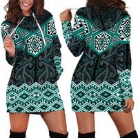 New Zealand Aotearoa Hoodie Dress Turquoise Taniko Art Maori Pattern LT05 - Polynesian Pride