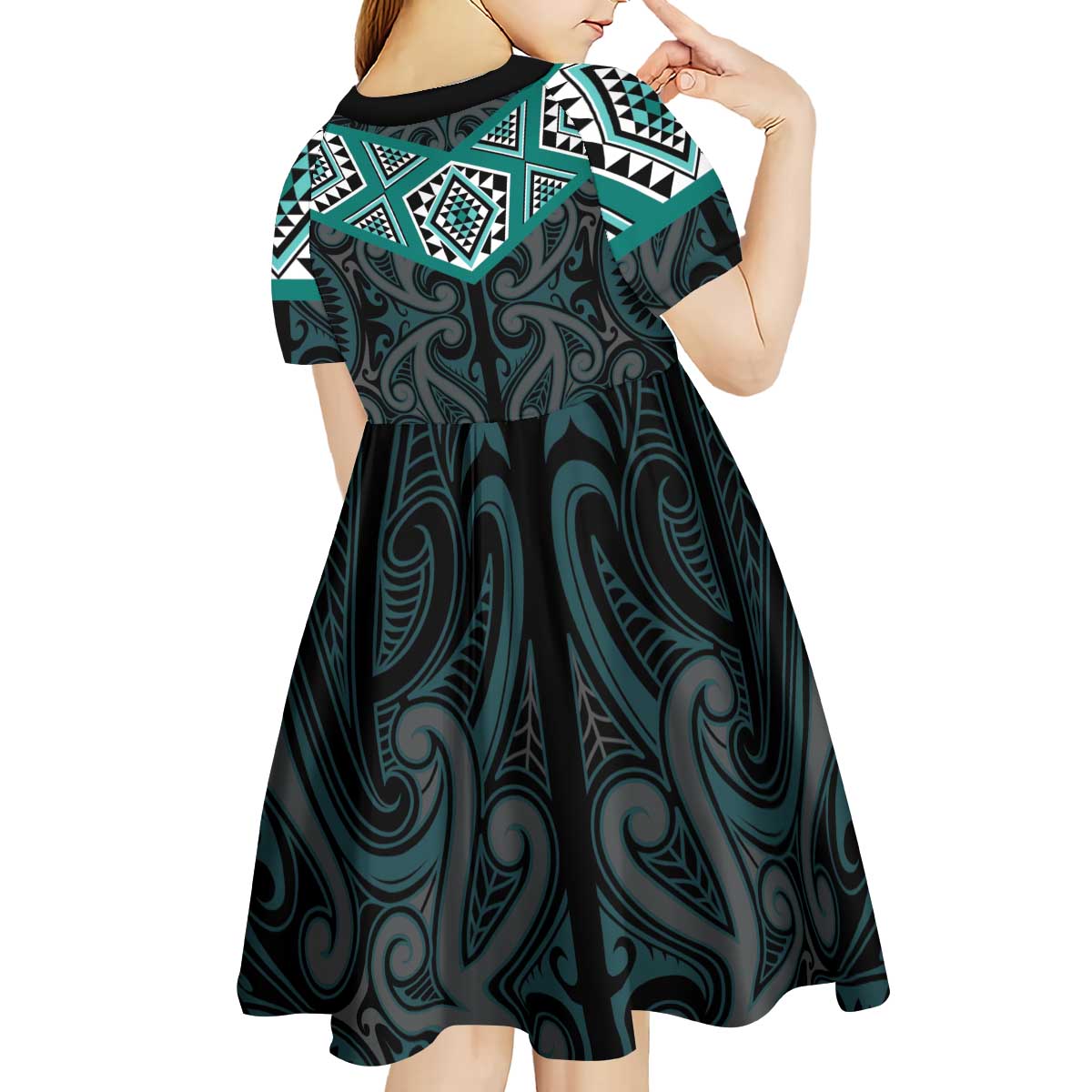 New Zealand Aotearoa Kid Short Sleeve Dress Turquoise Taniko Art Maori Pattern