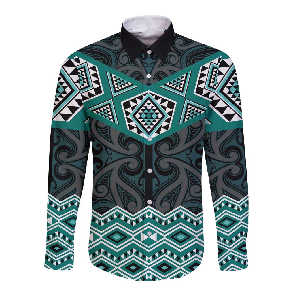 New Zealand Aotearoa Long Sleeve Button Shirt Turquoise Taniko Art Maori Pattern LT05 Unisex Turquoise - Polynesian Pride
