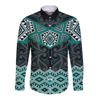 New Zealand Aotearoa Long Sleeve Button Shirt Turquoise Taniko Art Maori Pattern LT05 Unisex Turquoise - Polynesian Pride